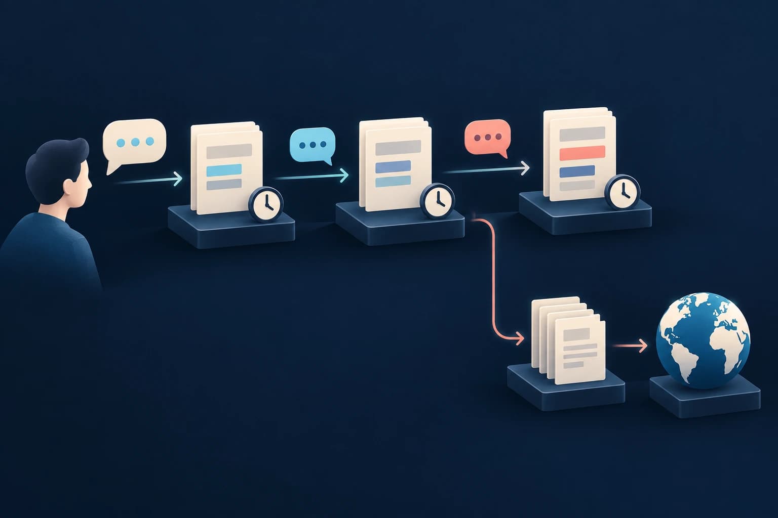 Une conversation relie des états mémoire datés, des points de contrôle et une branche de transfert.