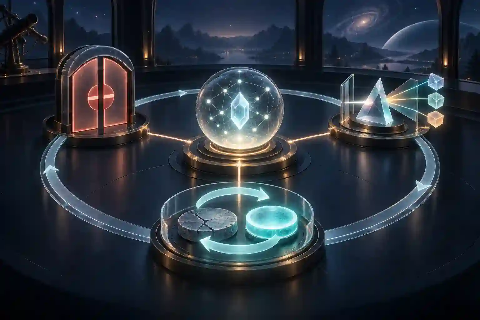 Un protocole circulaire relie une porte, une preuve et des étapes de décision.