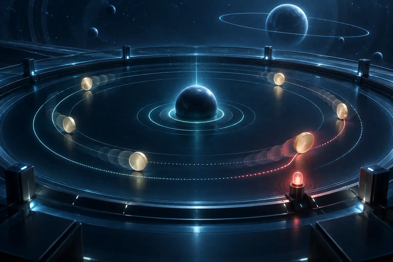 Des jetons suivent une orbite, dont une trajectoire rouge vers une alerte.