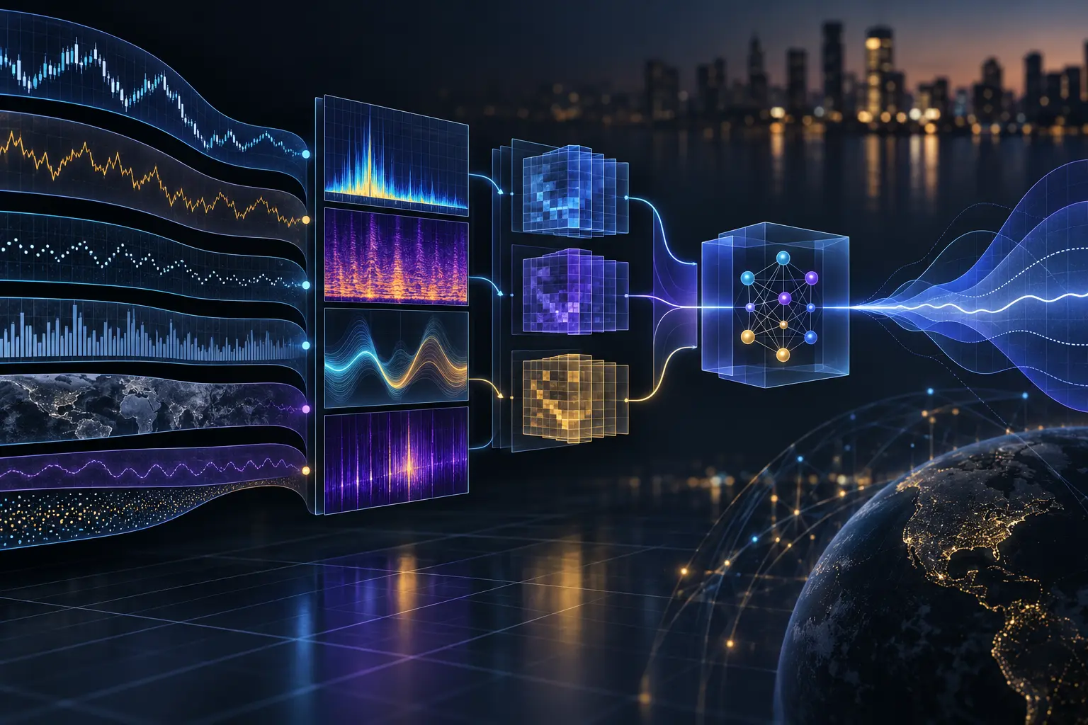 Plusieurs flux temporels fusionnent avant une prévision financière.