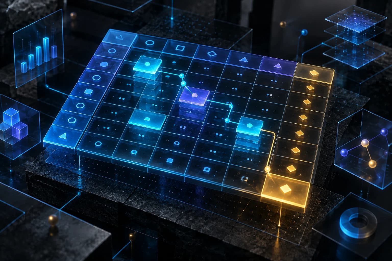 Une grille de tableur relie des cellules, rôles et relations pour guider une recherche augmentée.